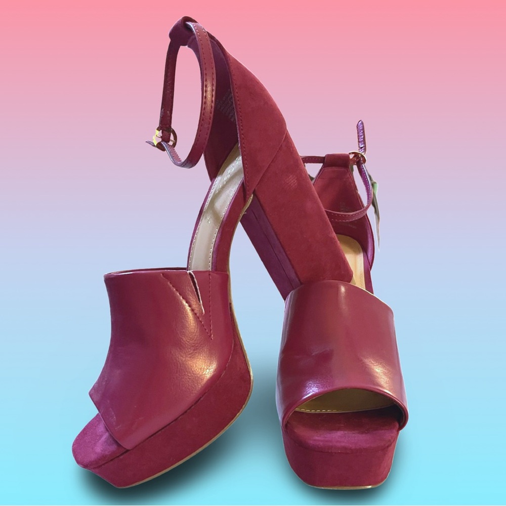 Shoedazzle | deep wine colored platform with ankle strap open toe